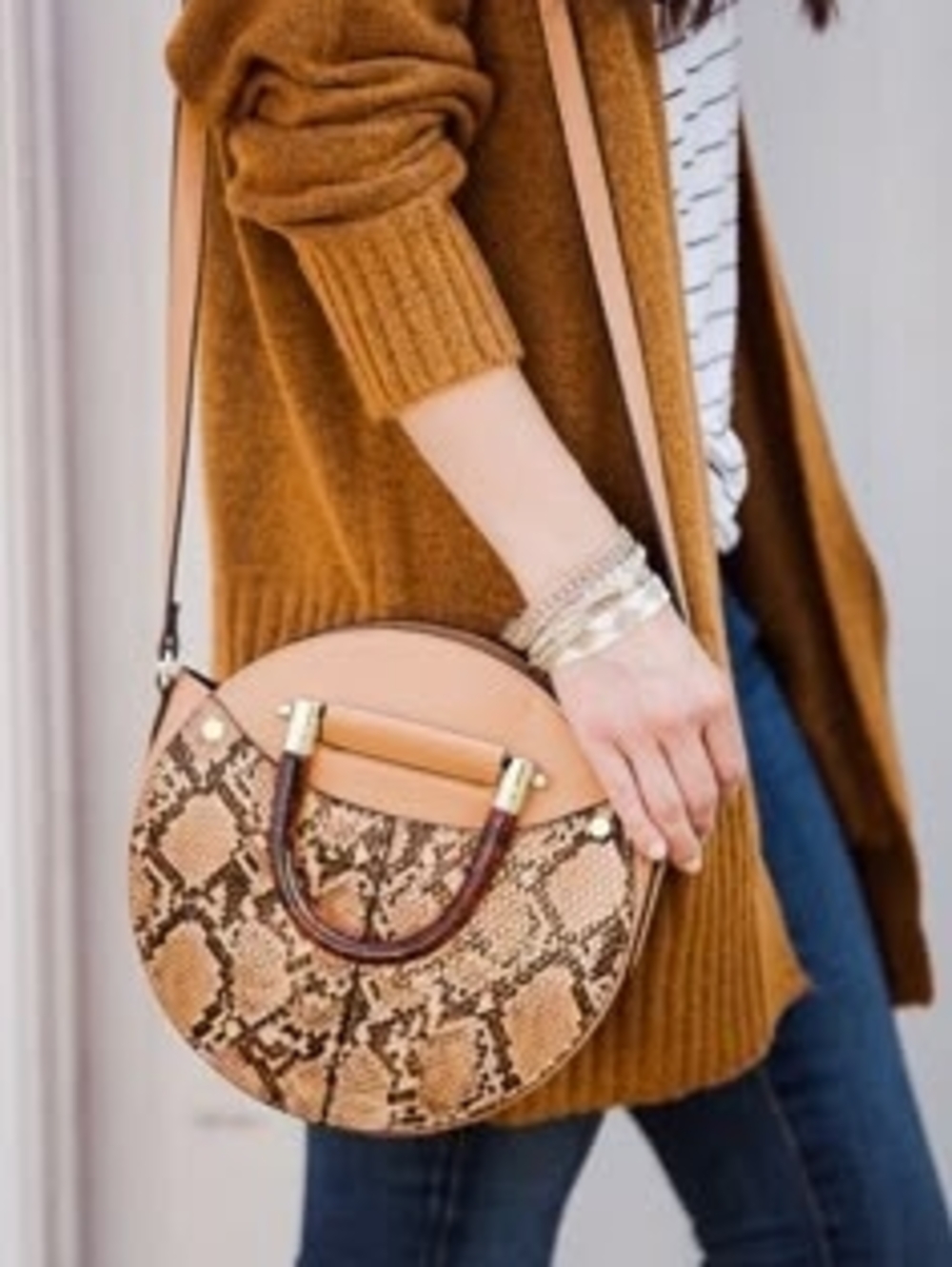 Topshop Snake-Print Round Crossbody Bag in Tan and Brown